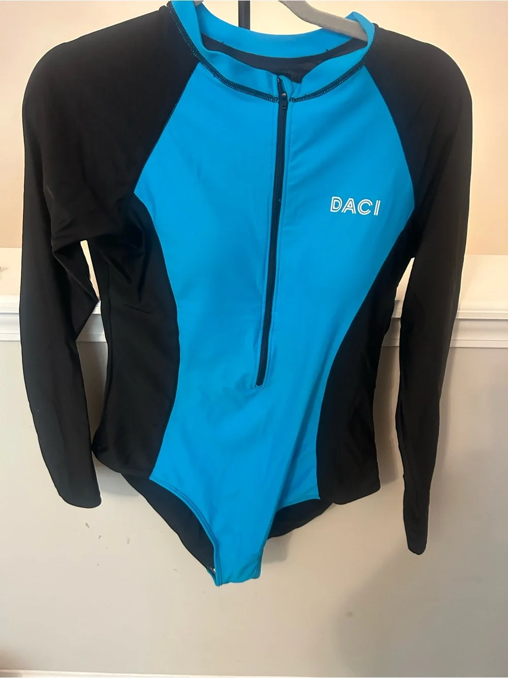 DACI Women's Long Sleeve Blue & Black Zip-Front One-Piece Swimsuit
